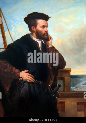 Jacques Cartier (1491-1557), portrait de l'explorateur breton par Théophile Hamel (1817-1870), huile sur toile, c.1848. Cartier est célèbre pour avoir revendiqué ce qui est maintenant le Canada pour la France. Banque D'Images