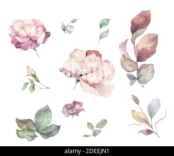 Roses rouges, blanches et bleues, fleurs de pivoine et lilas et feuilles vertes invitation de mariage, fleurs roses avec feuilles et carte d'invitation florale, bouquet avec Banque D'Images