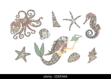 Collection de faune sous-marine et de sirène dans un style d'art zen Illustration de Vecteur