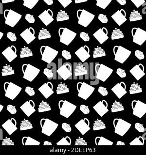 Café et gâteau sans couture. Motif thé et gâteaux. Conception du menu. Illustration vectorielle. Motif thé et gâteau sans coutures. Silhouette blanche sur un noir Illustration de Vecteur