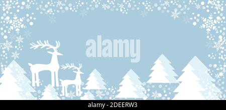 Vacances de Noël. Arrière-plan couleur bleue et flocons de neige arbres de Noël. Maman cerf et bébé cerf. Dessin animé Illustration de Vecteur