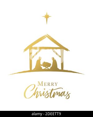 Joyeux Noël, scène de la Nativité du bébé Jésus dans la couleur dorée de la mangeoire. La naissance du Christ, la Sainte famille et l'étoile de Bethléem, carte de voeux Illustration de Vecteur