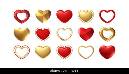 Grand jour de la Saint-Valentin ensemble de différents coeurs rouges, dorés réalistes, isolés sur fond blanc. Joyeux Saint Valentin éléments pour l'affiche de design, carte postale Illustration de Vecteur