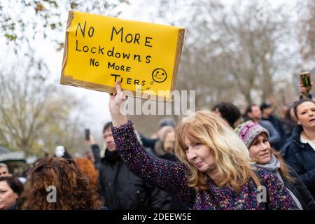 Manifestation anti-verrouillage, Londres, 28 novembre 2020. Portrait d'un manifestant féminin tenant un écriteau à Hyde Park. Banque D'Images