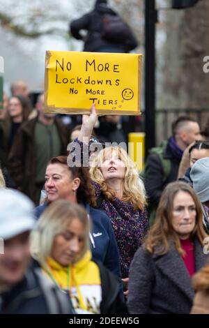 Manifestation anti-verrouillage, Londres, 28 novembre 2020. Portrait d'un manifestant féminin tenant un écriteau à Hyde Park. Banque D'Images