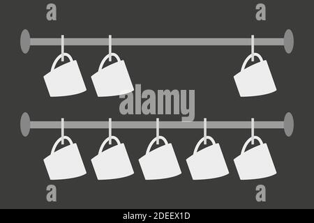 Un ensemble de mugs blancs suspendus sur la main courante, pendant des plats secs. Isolé sur fond gris. Style plat. Illustration vectorielle Illustration de Vecteur