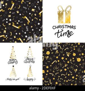 Jeu de typographie joyeux Noël et joyeux nouvel an. Modèles de lettrage liés aux fêtes pour les cartes de vœux, les superpositions et la décoration. Illustration de Vecteur