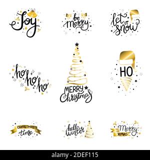 Lettres de Noël et signes du nouvel an en or sur fond blanc pour cartes de vœux. Illustration vectorielle Illustration de Vecteur