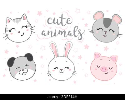 Chat, souris, chien, lapin, ensemble de visage de porc. Kawaii animal. Joli personnage de dessin animé. J'adore la carte. Conception plate. Arrière-plan blanc. Illustration de Vecteur
