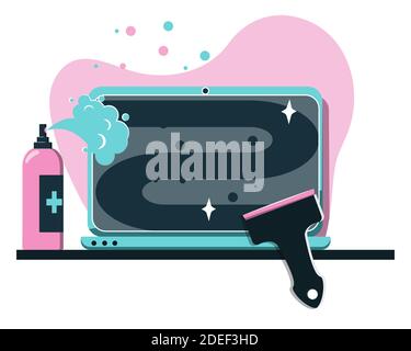 Nettoyer l'ordinateur portable avec un vaporisateur d'alcool et un grattoir. Règles d'hygiène, désinfection de gadget, lavage sale concept écran plat illustration vectorielle. Prévenir la propagation du microbe et de la maladie, les méthodes de prévention. Illustration vectorielle Illustration de Vecteur