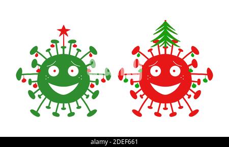 Bactéries coronavirus de dessin animé vert et rouge avec arbre de noël, boules, et étoile sur fond blanc. Illustration de Vecteur
