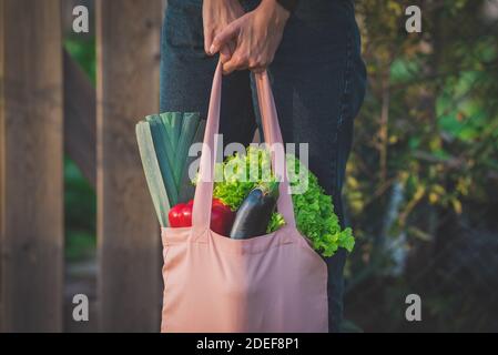 Femme mains avec sac d'épicerie réutilisable rose plein de légumes bio frais. Concept sans déchets, sans plastique Banque D'Images