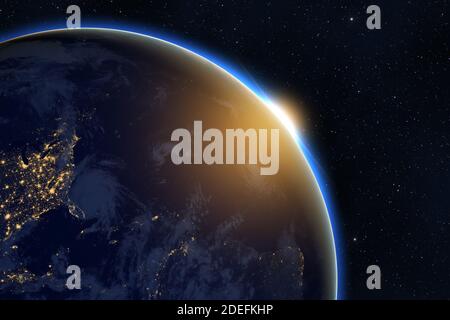 Lever le soleil sur la planète Terre sur fond ciel étoilé foncé, éléments de cette image fournis par la NASA Banque D'Images