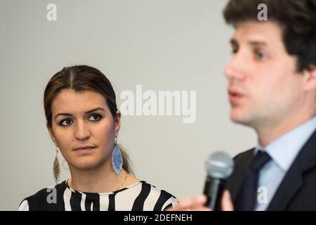 Lancement de BADI (brigade anti-discrimination sur Internet) en présence du ministre de la ville et du logement de Julien Denormandie et Marlene Schiappa, secrétaire d'État à l'Egalité Homme-Femme au siège social de Facebook à Paris, France, le 15 avril 2015. Photo de Daniel Derajinski/ABACAPRESS.COM Banque D'Images