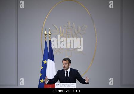 Le président français Emmanuel Macron prononce un discours lors d'une cérémonie du 50e anniversaire de l'élection de Georges Pompidou le 19 juin 2019 à Paris. Photo par Eliot Blondt/ABACAPRESS.COM Banque D'Images