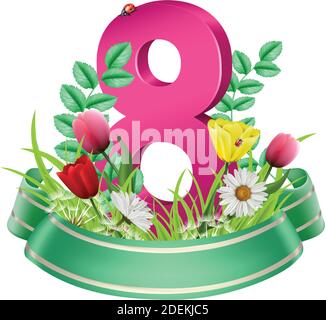 logo 3d Vector pour la journée internationale des femmes du 8 mars avec des fleurs réalistes, des coccinelles et un ruban vert. Illustration isolée sur fond blanc Illustration de Vecteur