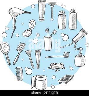 Grande collection d'icônes de salle de bains dessinées à la main : sèche-cheveux, brosses, pâte dentaire, savon, papier toilette, miroir, shampooing et bouteilles cosmétiques. Illustration de Vecteur