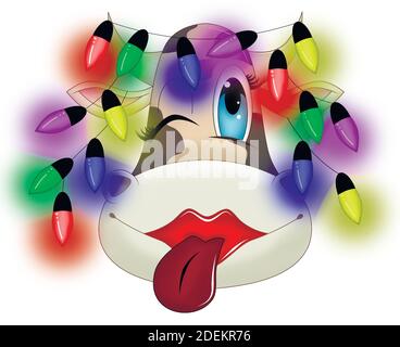 Taureau blanc avec un sourire et une languette accrochée une guirlande sur les cornes Illustration de Vecteur