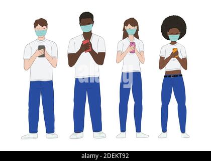 Groupe de jeunes multiraciaux portant un masque et se tenant debout avec un smartphone. Concept d'illustration vectorielle plate. Isolé sur fond blanc. Illustration de Vecteur