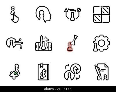 Ensemble d'icônes vectorielles noires, isolées sur fond blanc. Illustration sur un thème apprentissage des jeux de stratégie d'échecs. Intelligence artificielle, Livres, a Illustration de Vecteur