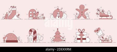 Illustrations de Noël ou du nouvel an. Le Père Noël et le renne, chaussette, bonbons, cadeaux, arbre, pain d'épice, traîneau, cloche et décorations hologramme d'hiver Illustration de Vecteur