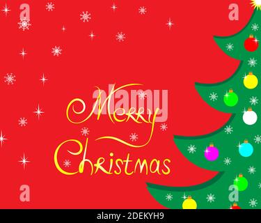 Carte de voeux arbre de Noël sur fond rouge avec un joyeux Noël. Illustration de Vecteur