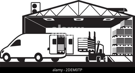 Chariot élévateur de chargement de la fourgonnette avec des palettes dans l'entrepôt – Vector illustration Illustration de Vecteur