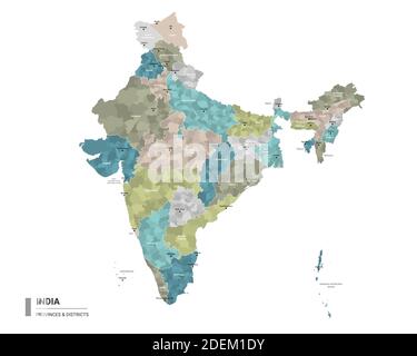 Inde higt carte détaillée avec subdivisions. Carte administrative de l'Inde avec le nom des districts et des villes, colorée par les États et les districts administratifs. Illustration de Vecteur
