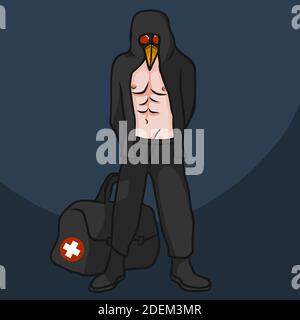 Le médecin de la peste (médecin du corbeau) avec un sac de médecin militaire montrant six paquets de dessin animé vecteur illustration Illustration de Vecteur