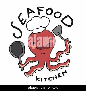 Logo de cuisine de fruits de mer, illustration vectorielle de dessin animé du chef Octopus Illustration de Vecteur