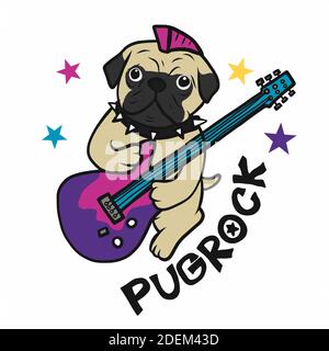 Pugrock , Pug play guitare électronique dessin animé illustration vectorielle Illustration de Vecteur