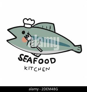 Logo de cuisine de fruits de mer, illustration vectorielle de dessin animé de chef de poisson Illustration de Vecteur