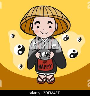 Monk être heureux avec Yin-Yang symbole dessin animé illustration vectorielle Illustration de Vecteur