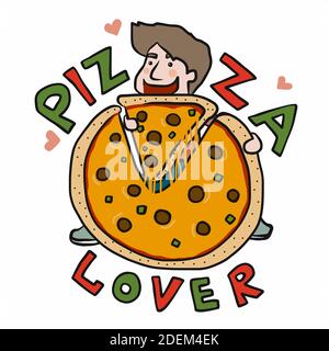 Pizza amant , Homme tenant une pizza géante illustration vectorielle de dessin animé Illustration de Vecteur