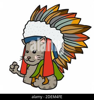 Tabby chat porter un chapeau indien américain dessin animé illustration vectorielle Illustration de Vecteur