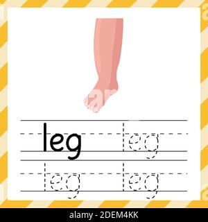 Feuille de calcul de tracé avec le mot Leg. Matériel d'apprentissage pour les enfants. Je peux écrire un modèle de mots Illustration de Vecteur