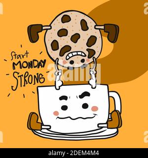 Commencez lundi tasse de café forte porter cookie de chocolat illustration vectorielle de dessin animé Illustration de Vecteur