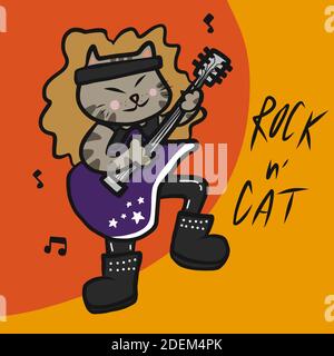 Illustration vectorielle de dessin animé de guitare rock Cat play Illustration de Vecteur