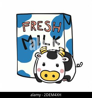 Illustration d'une boîte à lait frais et d'un joli dessin animé représentant une vache Illustration de Vecteur