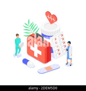 Concept de pharmacie. Les pharmaciens ramassent les médicaments et autres produits de la pharmacie pour les commander. Illustration isométrique vectorielle isolée sur fond blanc Illustration de Vecteur