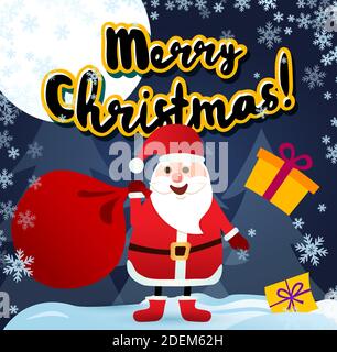 Illustration sombre Joyeux Noël. Le Père Noël sur le toit avec un sac de cadeaux, sur le fond de la forêt nocturne. Hiver et flocons de neige blancs. Illustration de Vecteur