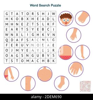 Puzzle de recherche de mots de parties de corps. Jeu éducatif pour les enfants. Feuille de travail sur l'apprentissage du corps humain Illustration de Vecteur