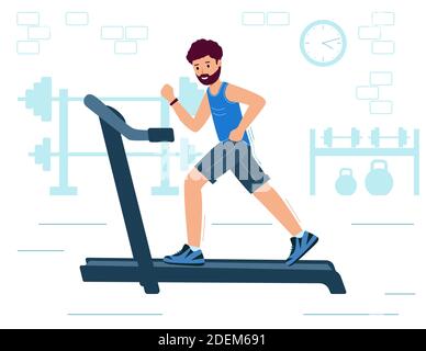 Homme qui court sur un tapis roulant motorisé. Homme sportif sur machine d'entraînement, personnage de dessin animé. Club de fitness, outil de gym. Illustration vectorielle en acier moderne Illustration de Vecteur