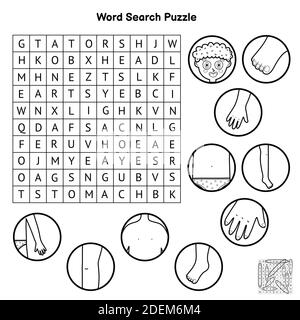 Puzzle noir et blanc de recherche de mots de parties de corps. Page Colorong et jeu éducatif pour les enfants Illustration de Vecteur