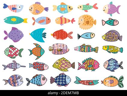 Ensemble mignon poisson grand. Groupe clipart avec animaux sous-marins Illustration de Vecteur