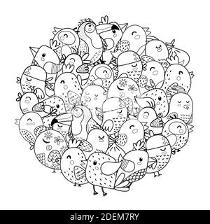 Motif de forme de cercle d'oiseaux Doodle pour livre de coloriage. Page de coloriage Illustration de Vecteur