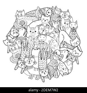 Imprimé en forme de cercle avec des chats amusants. Page de coloriage avec caractères félins Illustration de Vecteur