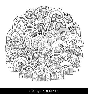 Motif en forme de cercle pour les arcs-en-ciel Doodle pour le livre de coloriage. Imprimé magique noir et blanc Illustration de Vecteur
