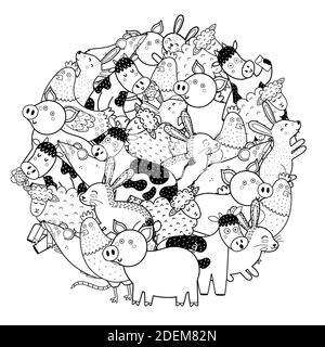 Cercle forme coloriage page avec les personnages de ferme drôle. Imprimé noir et blanc animaux mignons Illustration de Vecteur