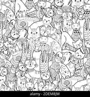 Motif sans couture noir et blanc de chats Doodle drôle. Page de coloriage pour adultes et enfants Illustration de Vecteur